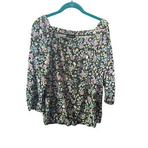 Fortune‎ + Ivy Zuri Square Neck Knit Top Black Floral Print Large NWT